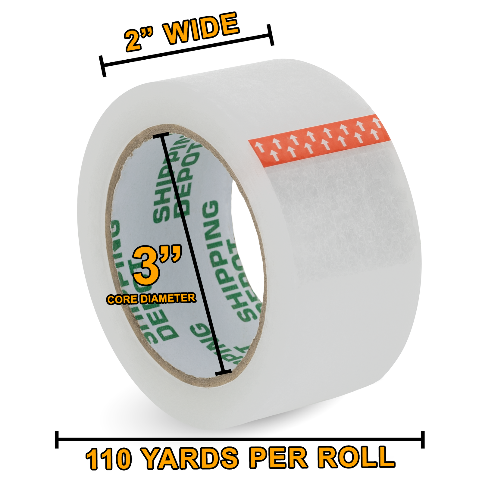 a 110 yards roll of clear tape with measurements: 2 inch wide by 3inches diameter