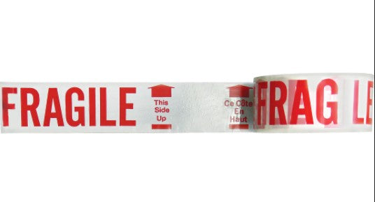 Ruban imprimé bilingue – Fragile ce côté vers le haut, rouge sur blanc
