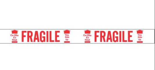 Ruban imprimé bilingue – Fragile ce côté vers le haut, rouge sur blanc